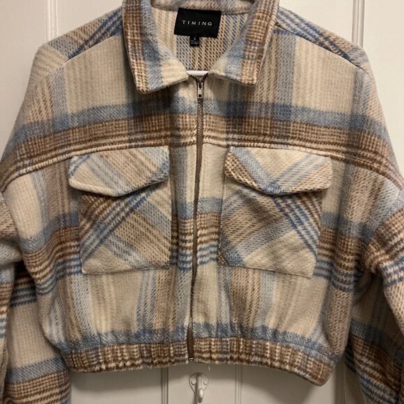Timing Cropped Plaid Jacket, blue/tan size small - Picture 4 of 6